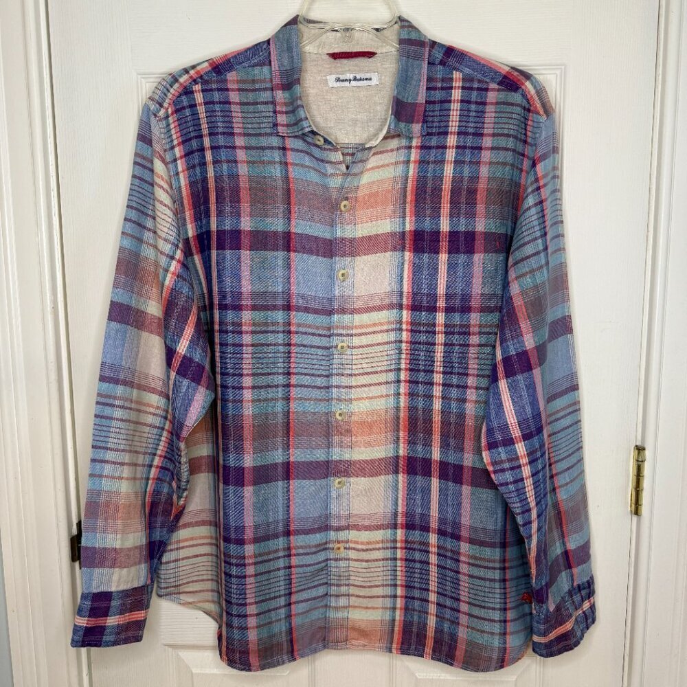 Tommy Bahama Long Sleeve Linen Shirt Blue Purple Cream Plaid Size XL